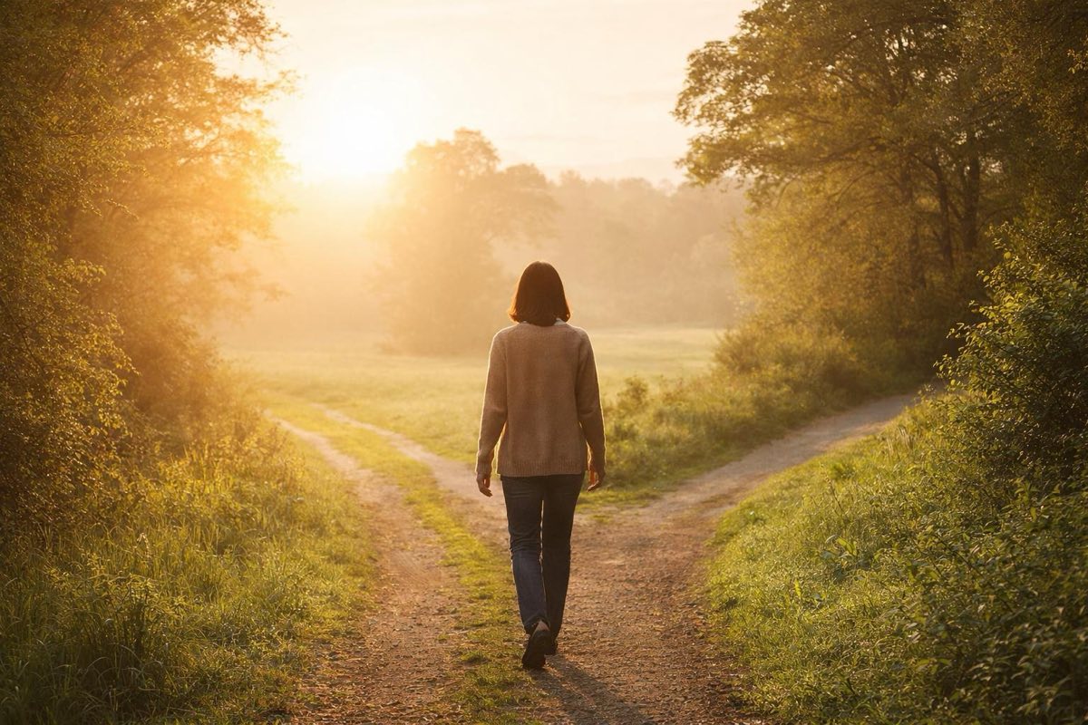 Mujer caminando por un sendero al atardecer, metáfora de la evitación en la ansiedad